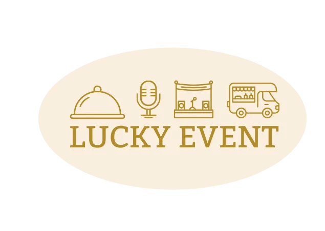 Logo von Lucky Event: ovales Schild mit Servierglocke, Mikrofon, Bühne und Transporter.